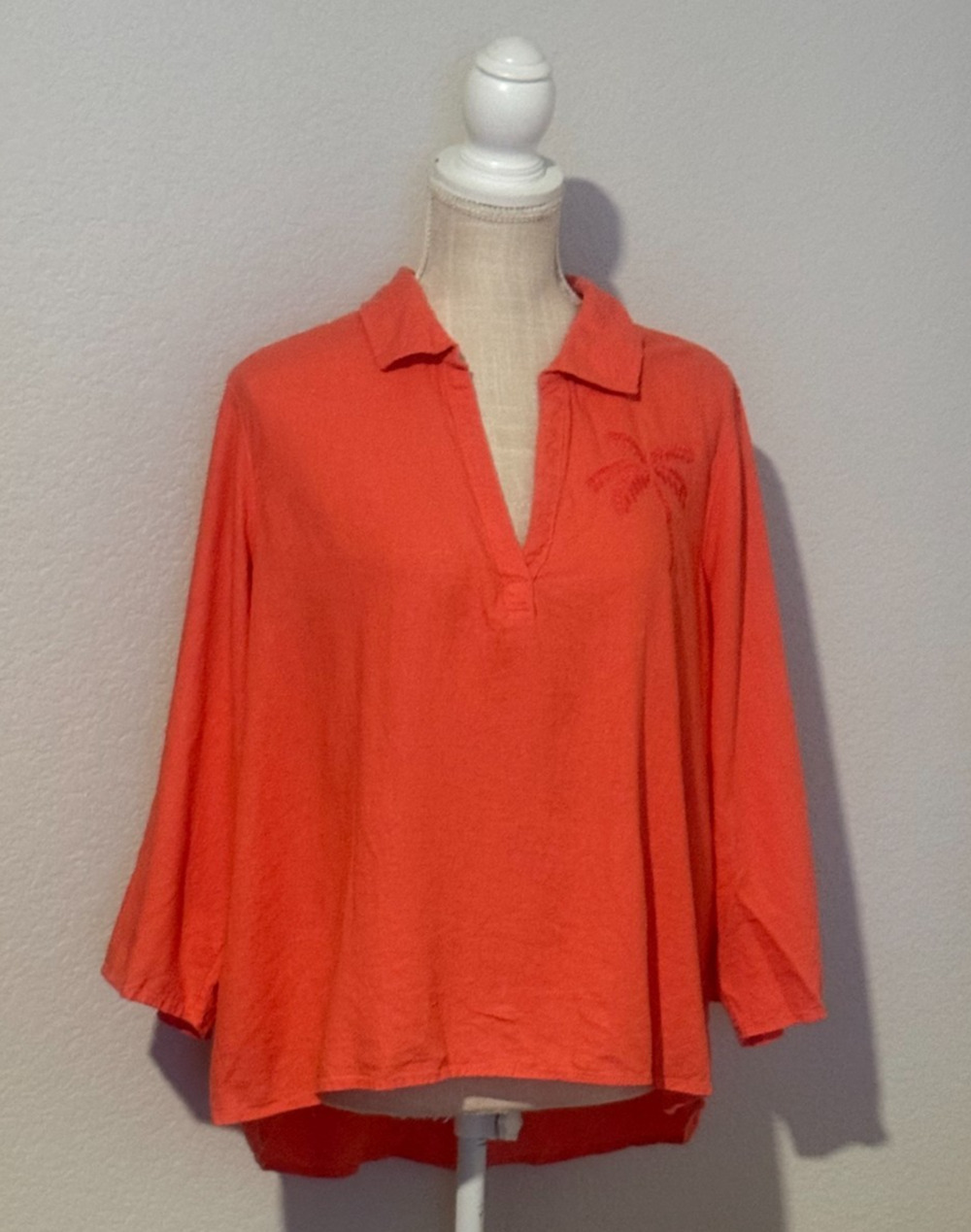 Calypso St Barth Womens Orange Linen Blend Palm Tree Tunic Blouse Top 1X XL
